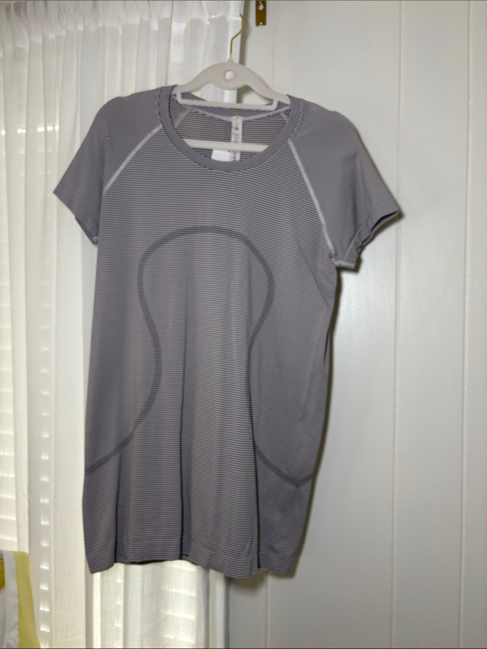 lululemon athletica Gray Striped Short Sleeve Active Top